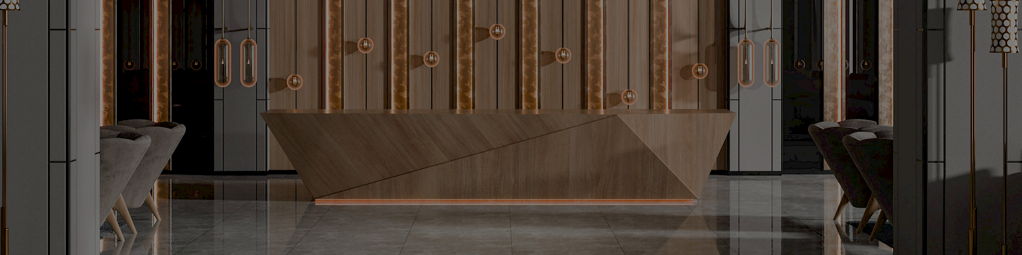 The image shows a modern reception area with a geometric wooden desk, sophisticated lighting, and elegant, reflective surfaces.